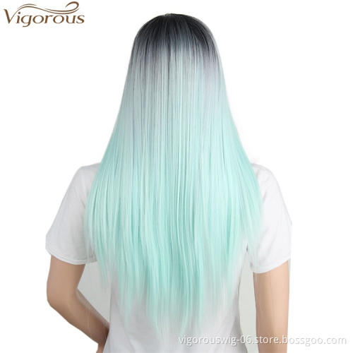 Vigorous Synthetic Wigs Long Straight Ombre Cosplay Costume Wig Heat Resistant Fiber Mint Green Full Wigs for Women